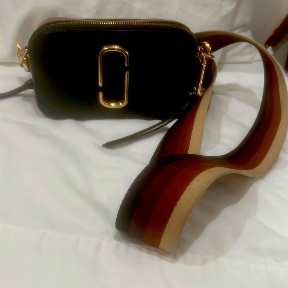 Marc Jacobs Black Crossbody Camera Bag with Multicolor Stripe Strap